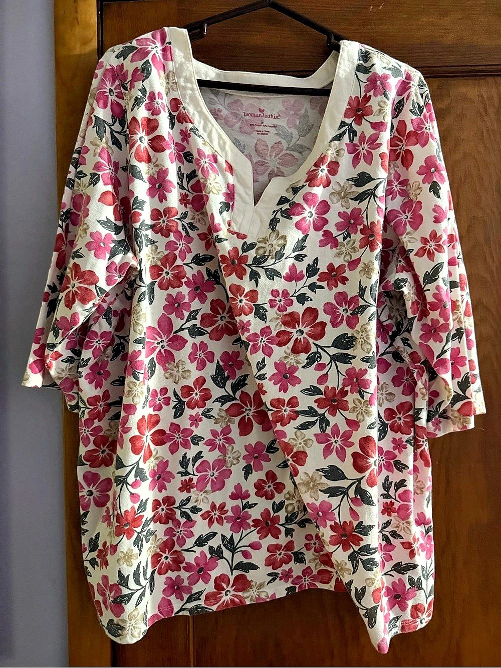 Woman Within Split-Neck Floral Tunic Pink & White